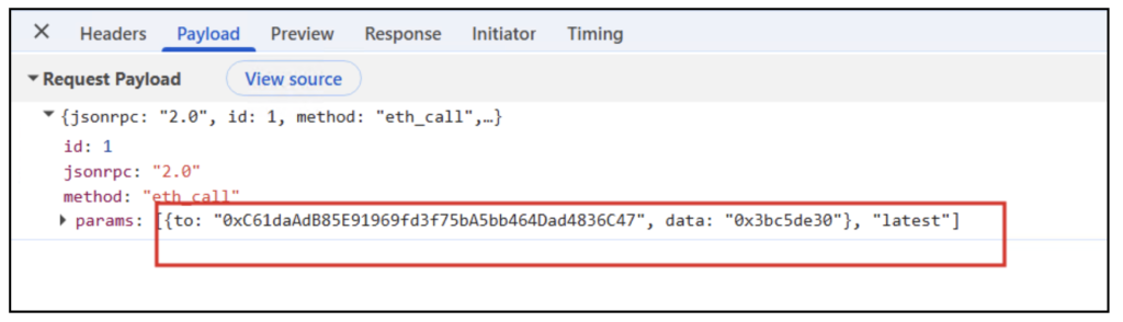 Figure 10. Request payload with Ethereum contract address 